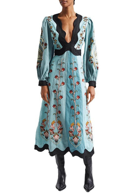 Cotton V Long Original Dress Print Neck Spring Blue Backless FashionChic