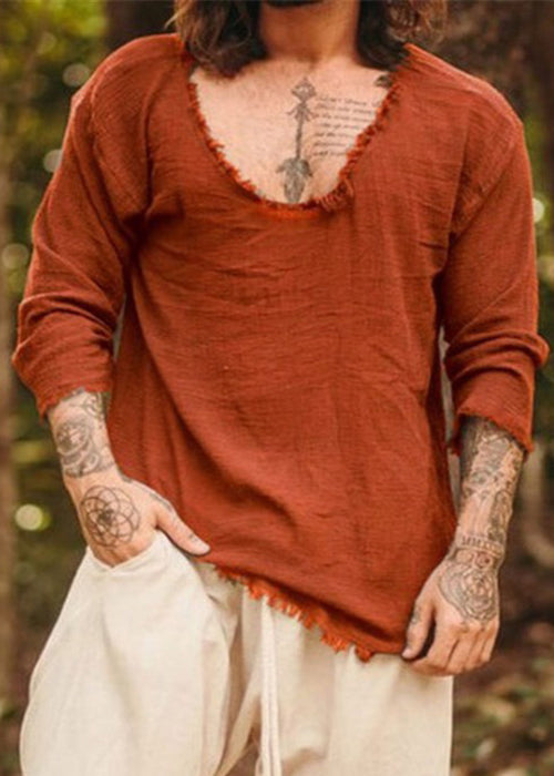 Men Open Side Fall Solid Cotton Original T Shirts Coffee FashionChic