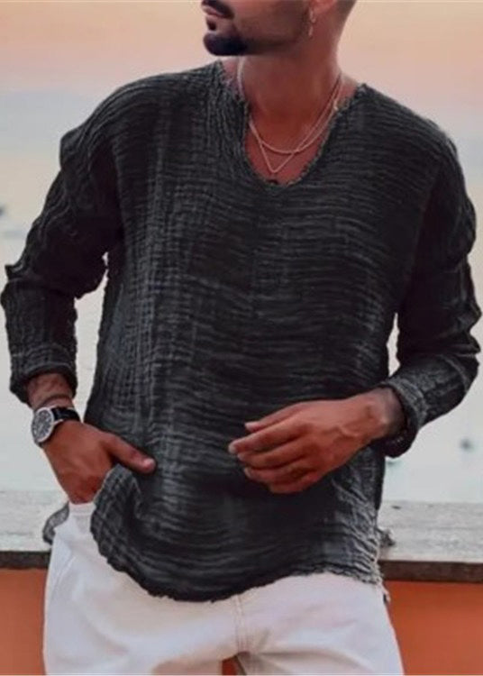 Men Open Side Fall Solid Cotton Original T Shirts Coffee FashionChic