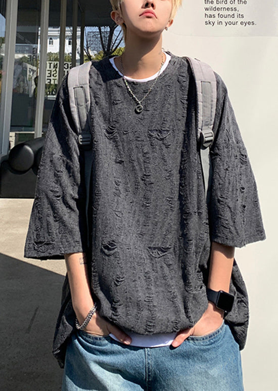 Original Design Beige O-Neck Ripped Cotton Men T Shirt Summer WA011 MENT241110