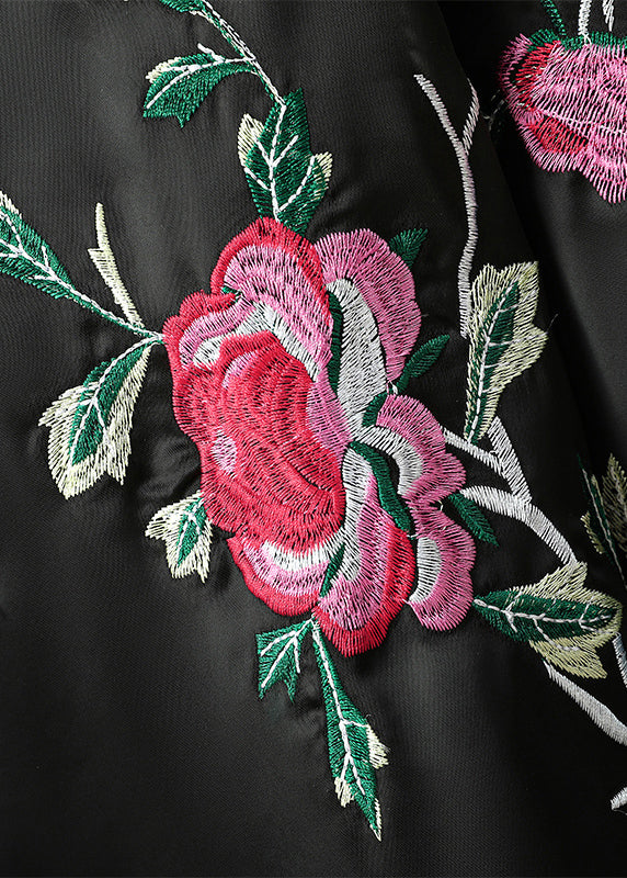 Original Design Black Embroidered Button Silk Coats Fall QG022 OM-CTS241016