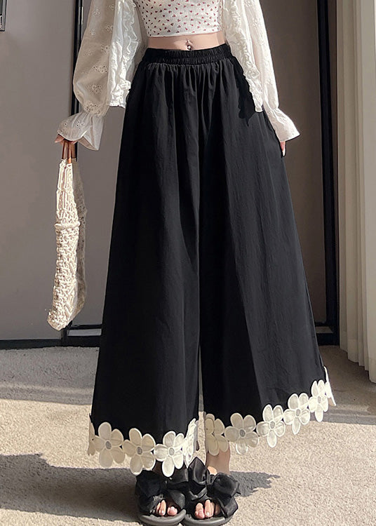 Patchwork Design Pants Leg Wide Cotton Black Original Floral FashionChic