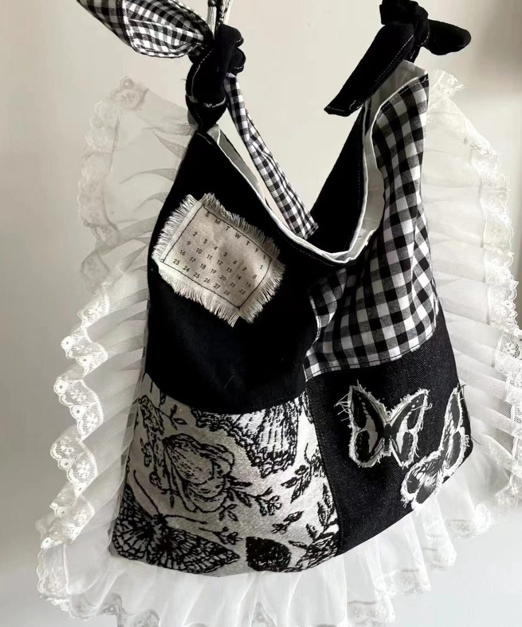 Original Design Black Lace Ruffles Patchwork Canvas Satchel Handbag WI029 Bag-BGS241105