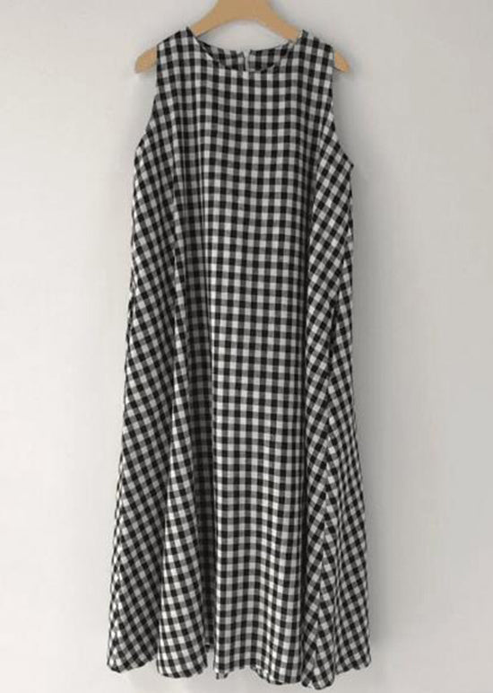 Original Design Black O Neck Plaid Cotton Long Dress Sleeveless AP040 GK-SDL240718