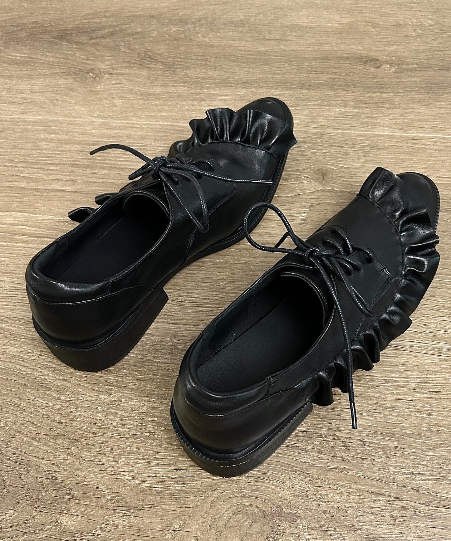 Original Design Black Ruffled Lace Up Splicing Flat Feet Shoes YC022 ABC