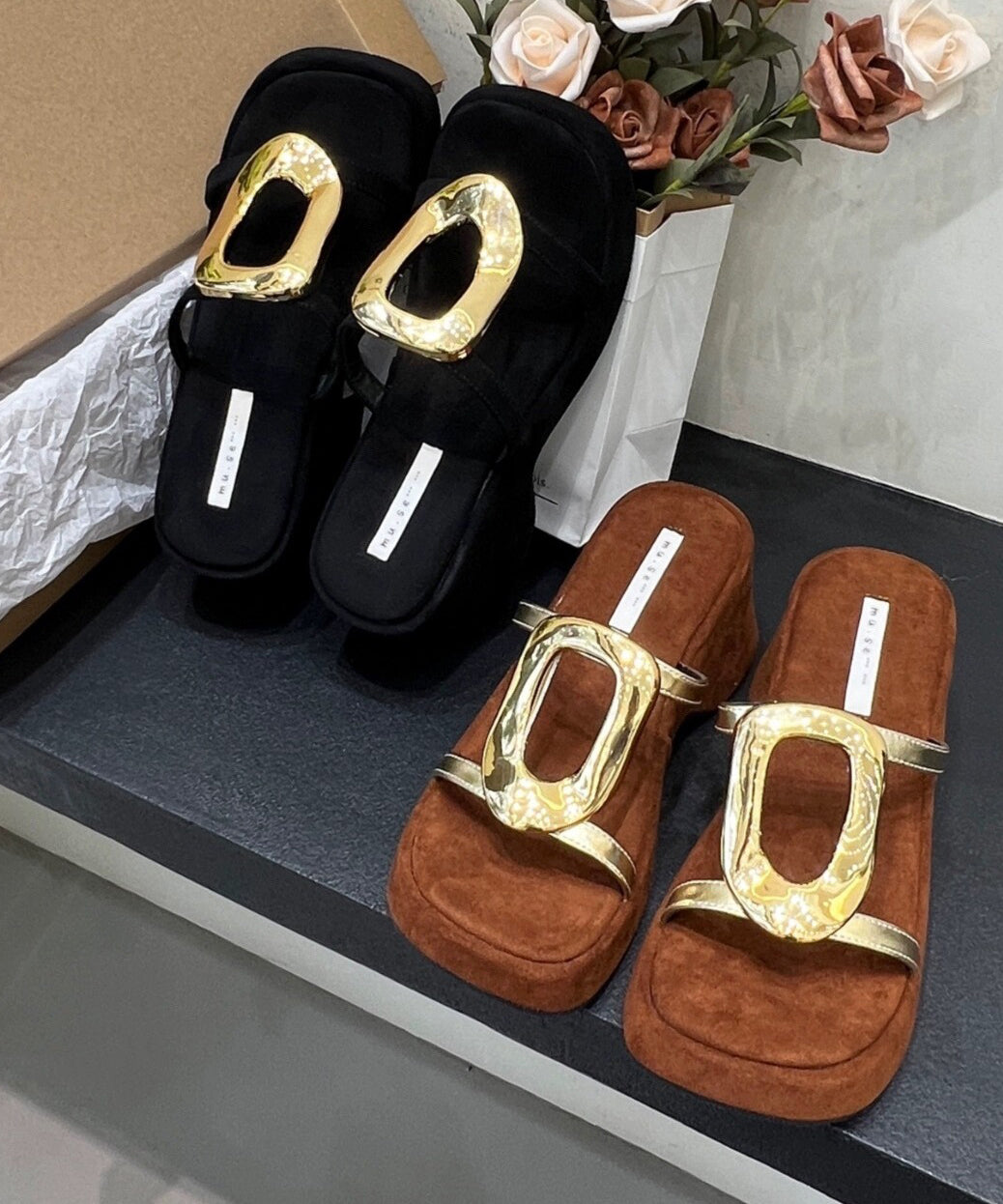 Original Design Black Sequined Splicing Wedge Heels Slide Sandals AA025 shoe-CS240815