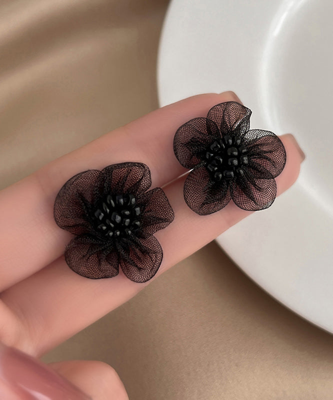 Design Tulle Black Original Floral Stud Earrings FashionChic