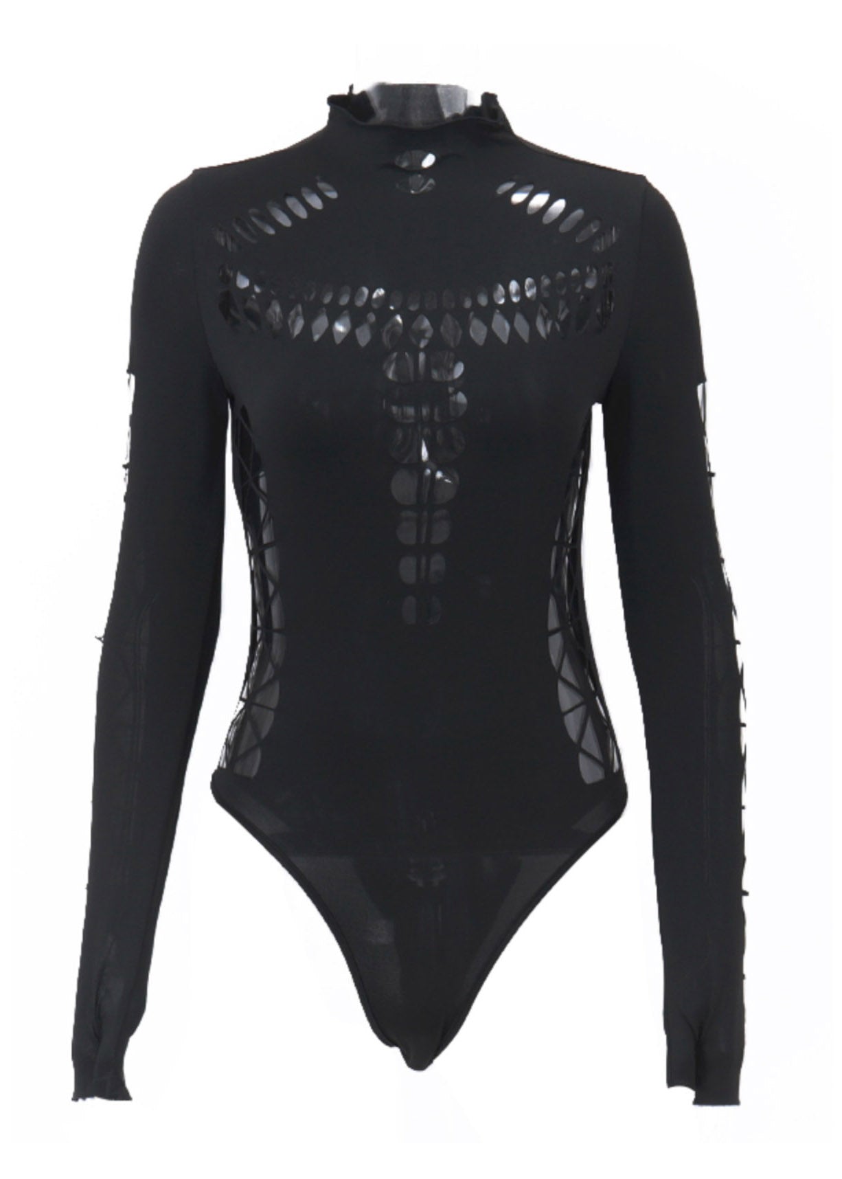Black Original Turtleneck Tulle Hollow Out Bodysuit Design FashionChic