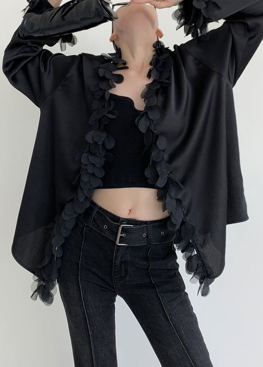 V Original Patchwork Design Neck Black Shirt Cotton Fall FashionChic