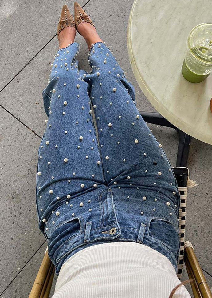 Original Spring Design Denim Bead Blue Nail Pants Pockets FashionChic
