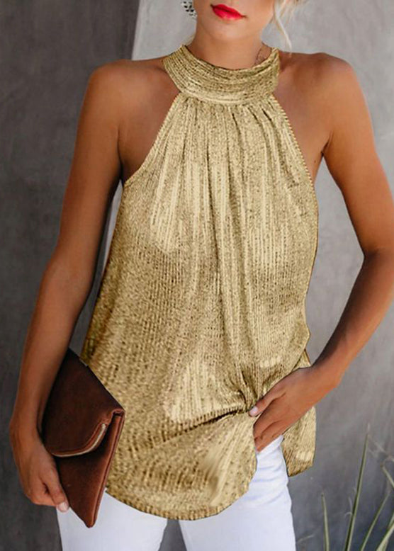 Original Top Gold Wrinkled Design Sleeveless Turtleneck FashionChic