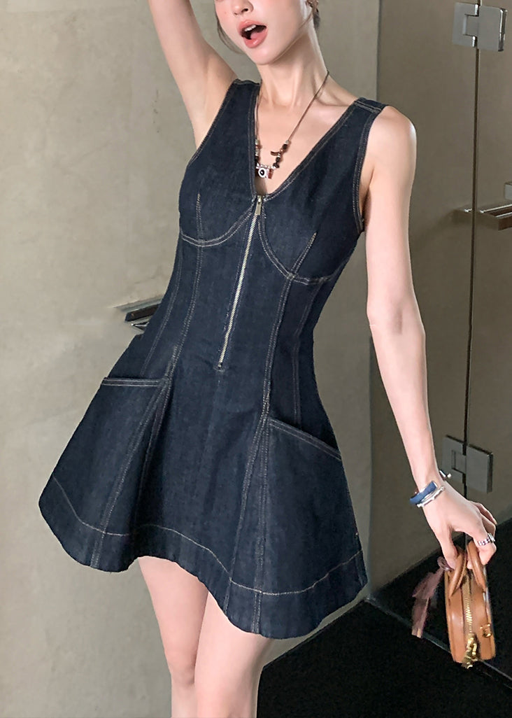 Denim Zippered Original Design Neck Mini V Dresses Navy FashionChic