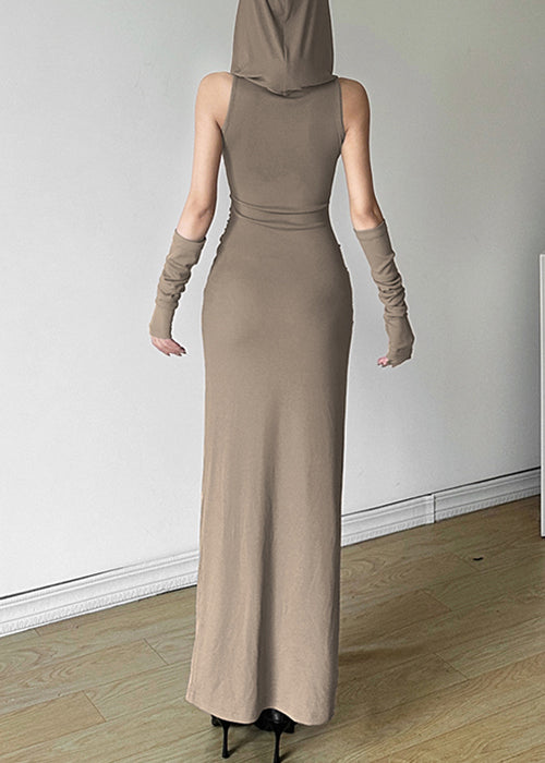 Open Summer Khaki Cotton Hooded Side Wrinkled Original Dress FashionChic