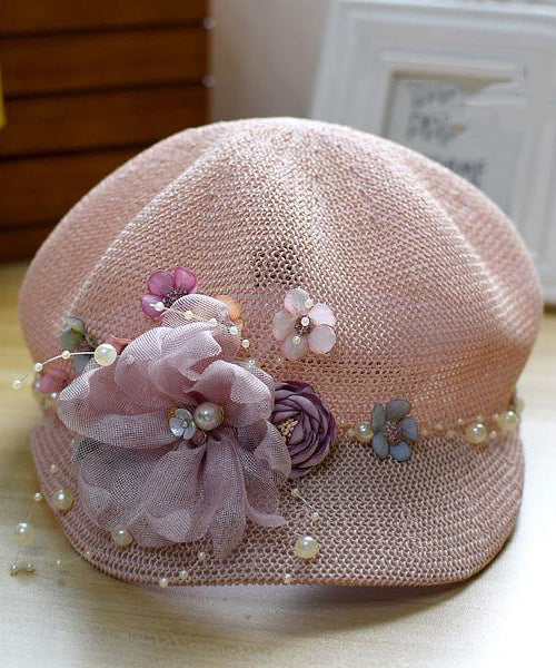 Grass Pearl Flower Hat New Original Breathable Weaving Pink FashionChic