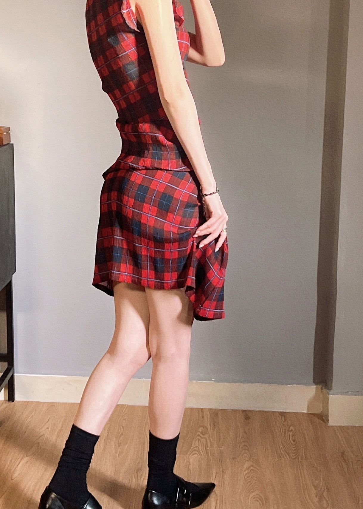 Original Red Plaid O Neck Wrinkled Chiffon Dress Butterfly Sleeve WW1005 Ada Fashion