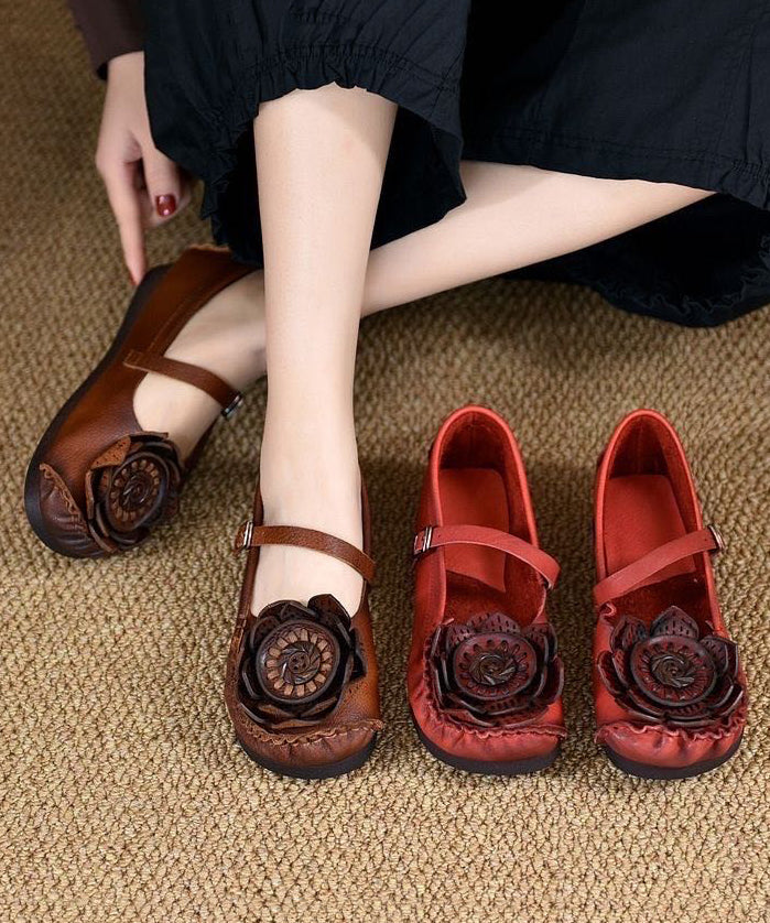 Original Retro Red Floral Soft Sole Cowhide Leather Flats Shoes RT1024 Ada Fashion