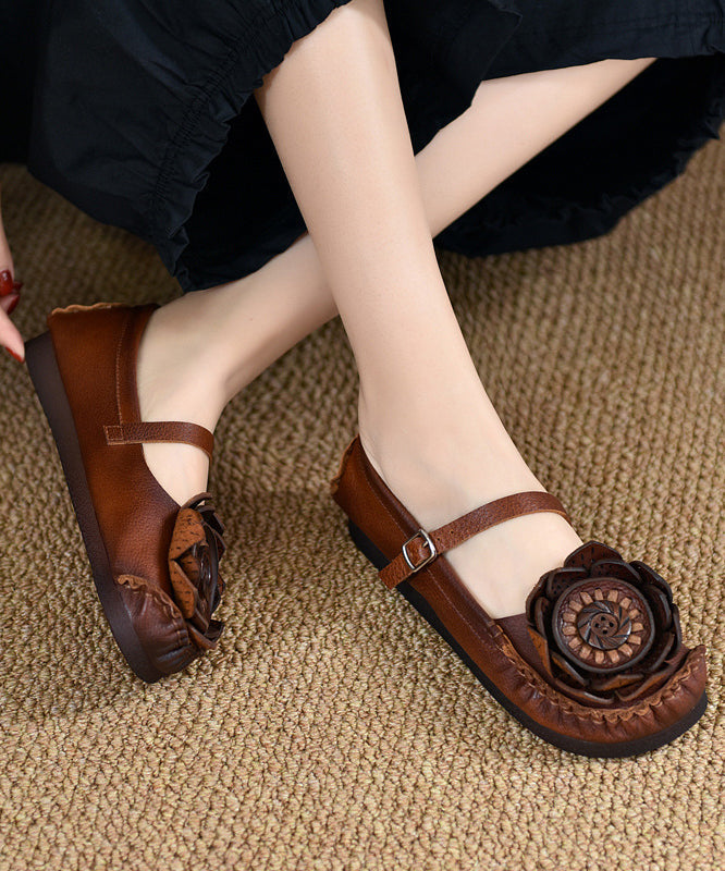 Original Retro Red Floral Soft Sole Cowhide Leather Flats Shoes RT1024 Ada Fashion