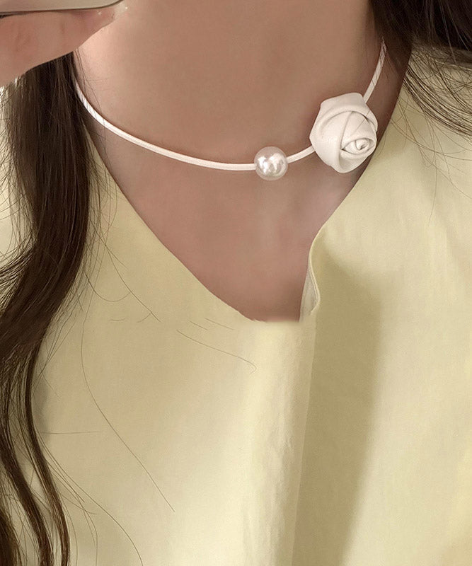 Original Silk Stainless Steel PU Pearl Rose Pendant Necklace YA028 ABC