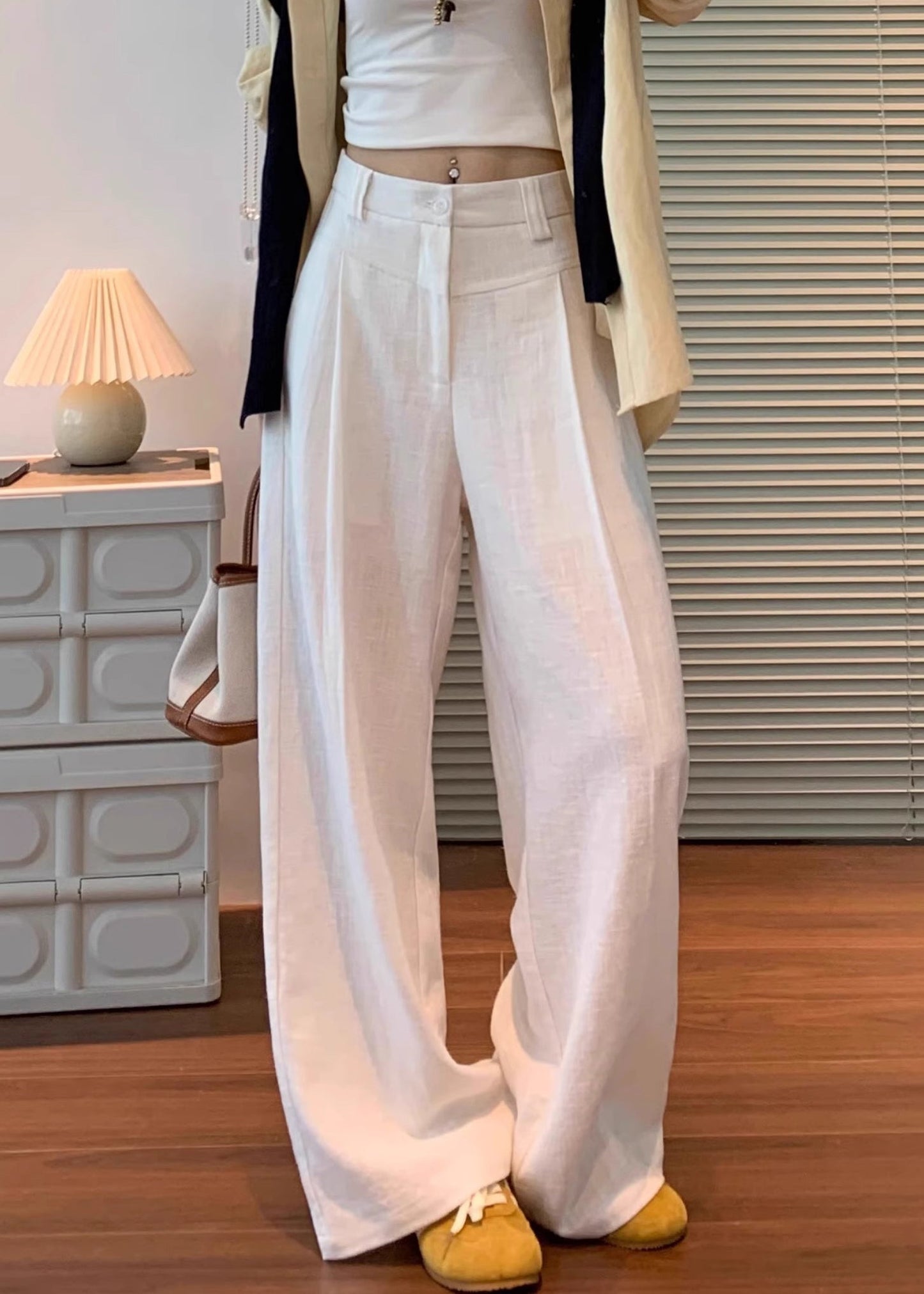 Waist Original Pants Linen Button High White Fall FashionChic