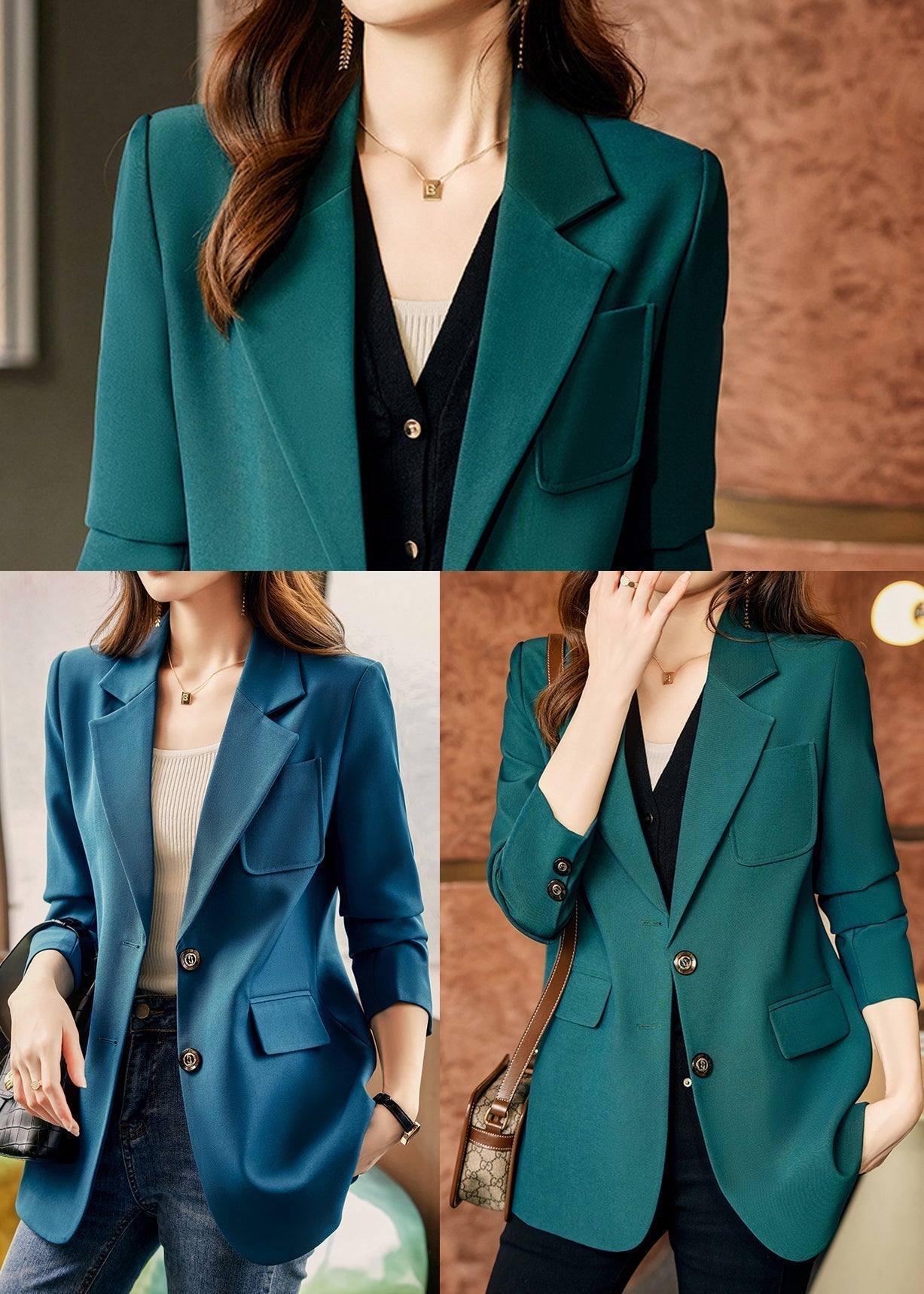 Peacock Blue Patchwork Coat Outwear Peter Pan Collar Spring YJ023 ABC