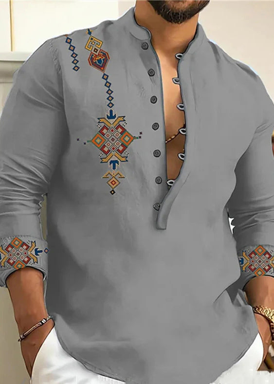 Cotton Print Oversized Collar Button Pink Stand Fall Shirts Men FashionChic