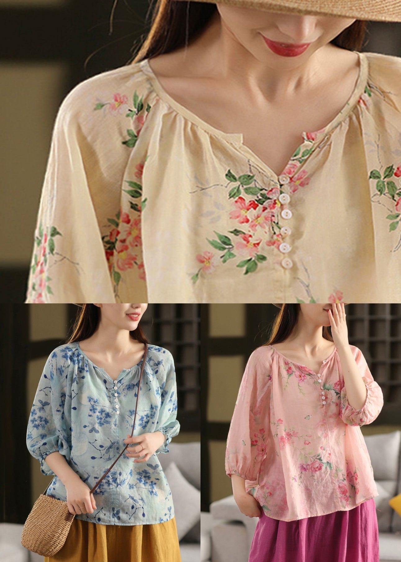 Print Button Pink V Summer Neck Blouse Linen Top FashionChic