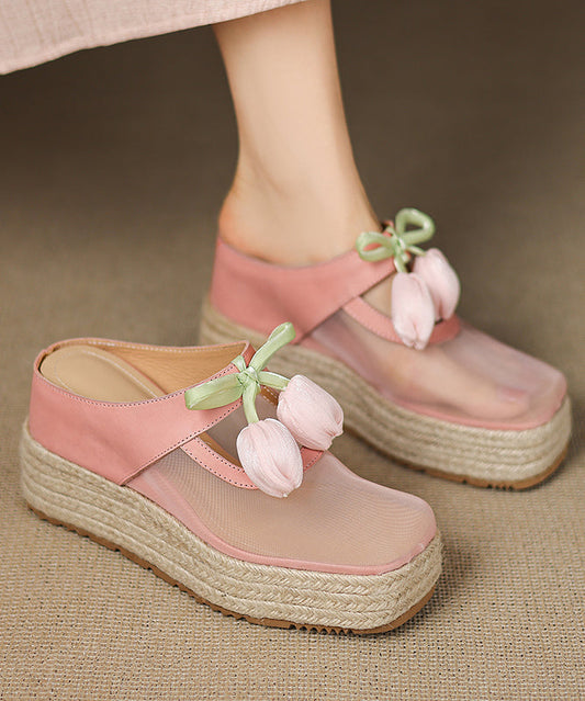 Tulle Sandals Leather Cowhide Pink Heels Splicing Wedge Slide FashionChic