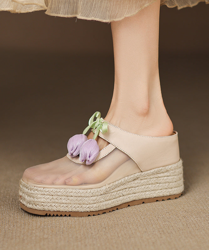 Tulle Sandals Leather Cowhide Pink Heels Splicing Wedge Slide FashionChic