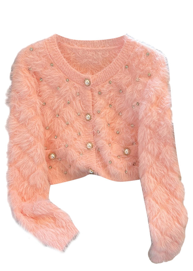Pink Cozy Fuzzy Fur Fluffy Cardigan Zircon Spring MZF-NCT250315