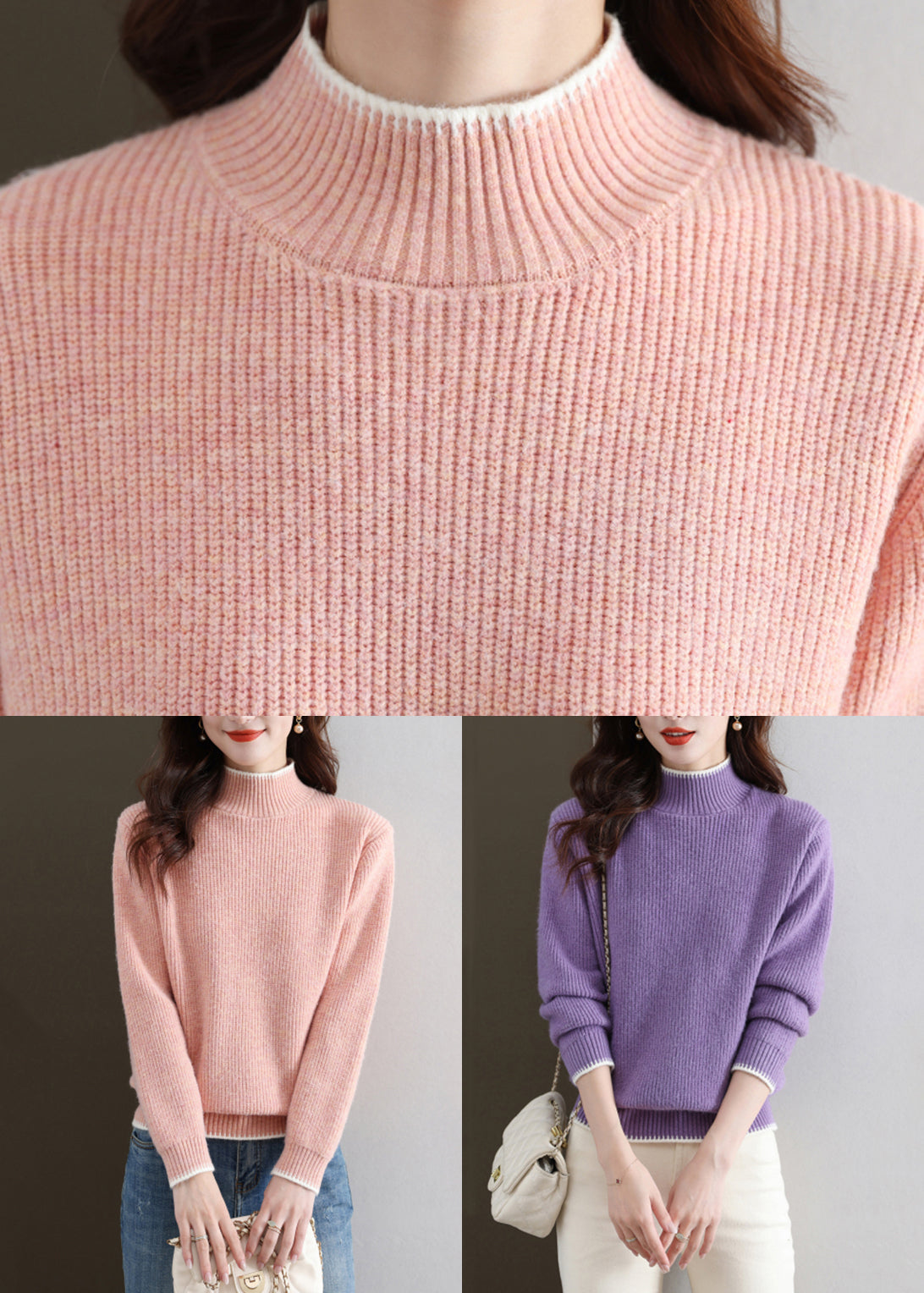 Pink Cozy Thick Knit Fall Sweater Turtleneck QS032 OM-BB241010