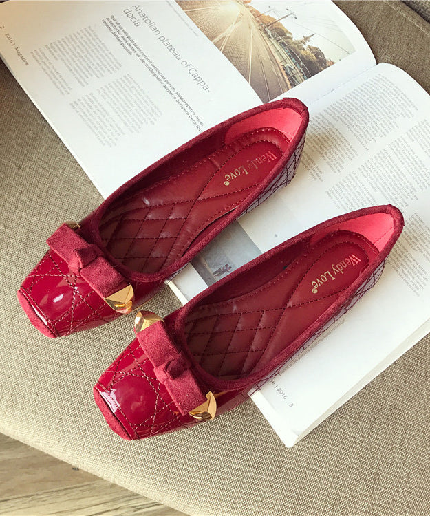 Toe Leather Splicing Flats Pink Women Square Faux Bow FashionChic