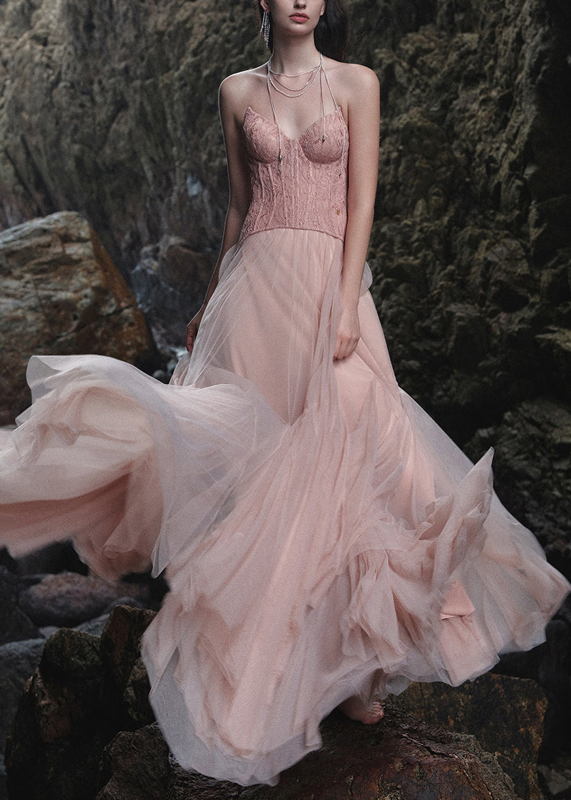 Summer Lace Dresses Backless Tulle Pink Maxi Patchwork FashionChic