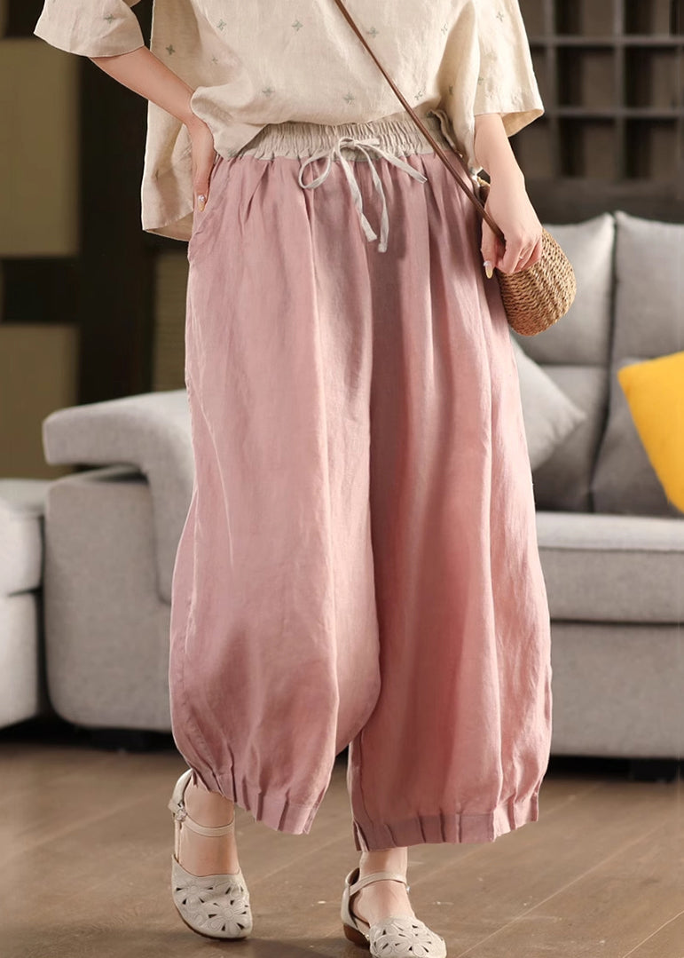 Waist Summer Lace Up Pants Linen Pink Patchwork Elastic Crop FashionChic
