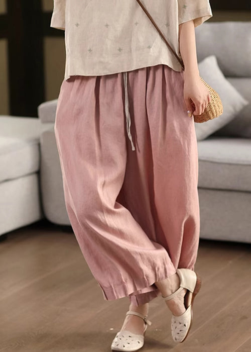 Waist Summer Lace Up Pants Linen Pink Patchwork Elastic Crop FashionChic