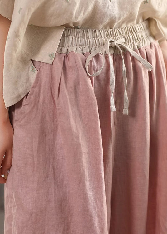 Waist Summer Lace Up Pants Linen Pink Patchwork Elastic Crop FashionChic