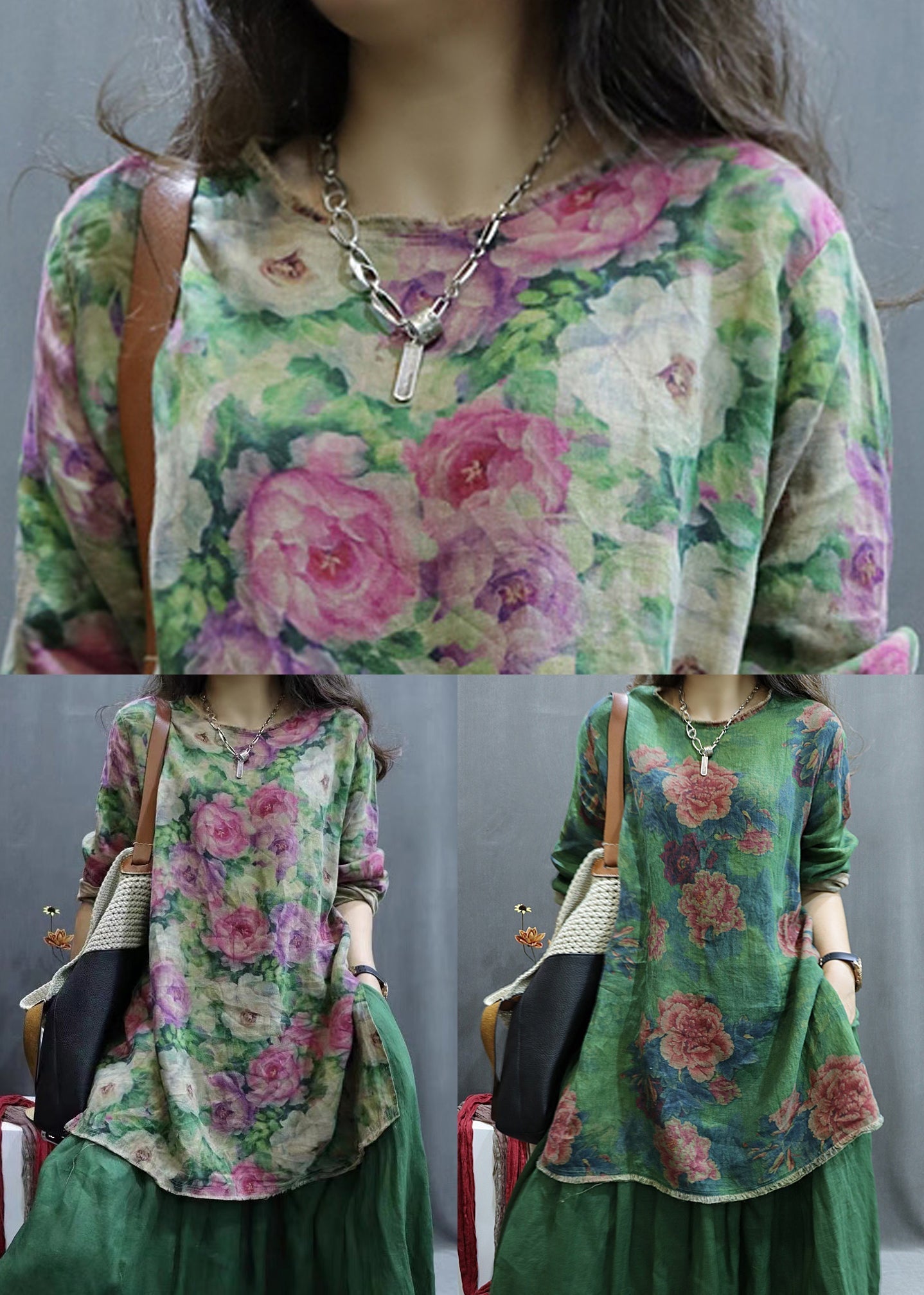 Pink Low High Design Linen Shirt O-Neck Long Sleeve GG039 MZF-LTP240610