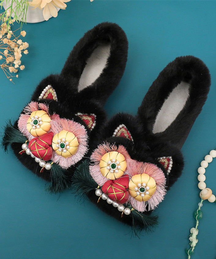 Pink Retro Nail Bead Splicing Flat Shoes Fuzzy Wool Lined TQ061 ABC