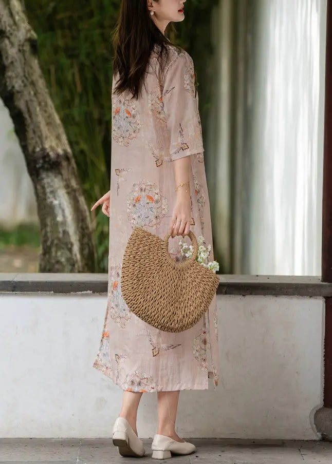 Pink Side Open Print Linen Long Dresses Stand Collar Summer Ada Fashion