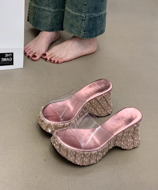 Sandals Sequins Slide Wedge Splicing Fine Stylish Pink FashionChic