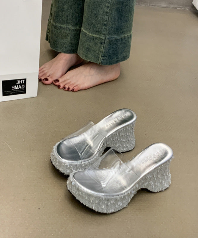 Sandals Sequins Slide Wedge Splicing Fine Stylish Pink FashionChic