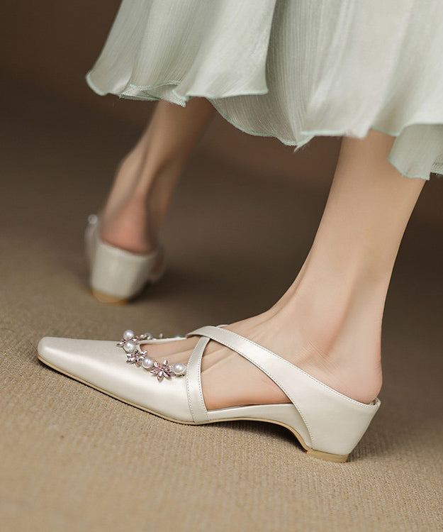 Wedge Nail Pink Sheepskin Elegant Splicing Sandals Slide Zircon FashionChic