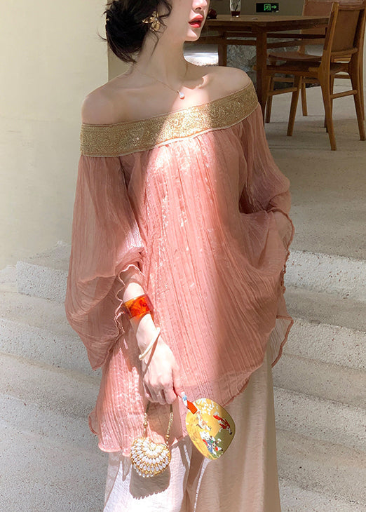Chiffon Slash Pink Shirts Fall Wrinkled Patchwork Neck FashionChic