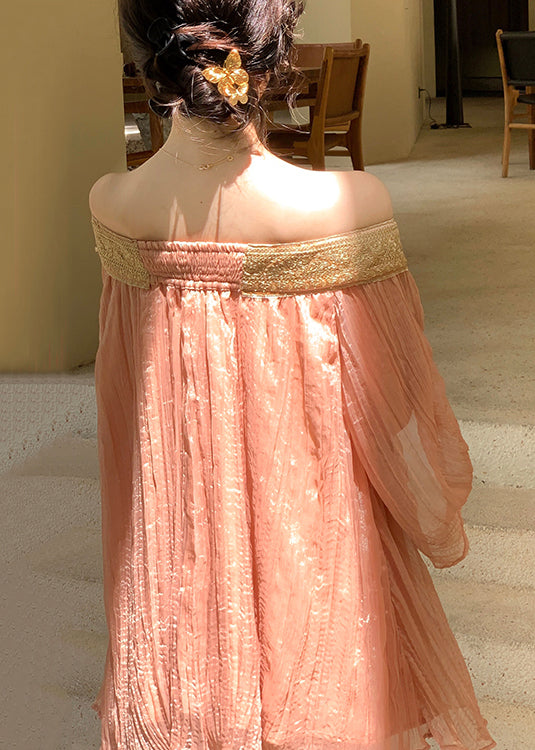 Chiffon Slash Pink Shirts Fall Wrinkled Patchwork Neck FashionChic