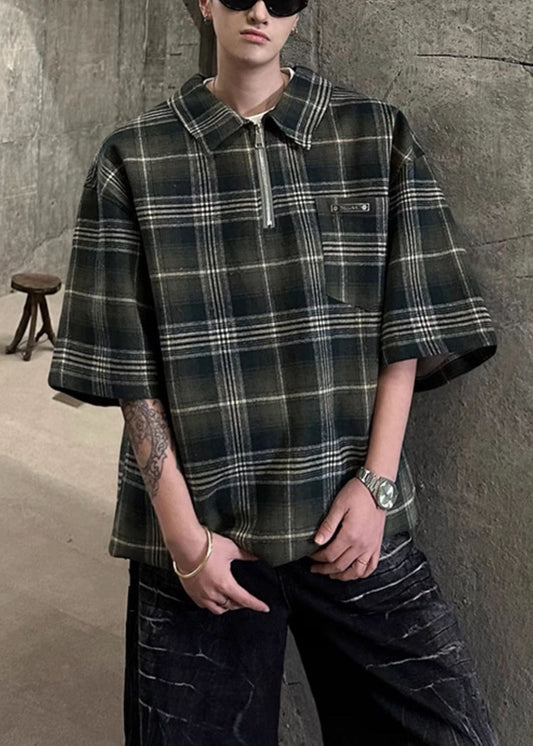 Shirt Zippered Men Sleeve Cotton Green Plaid Pullover Half FashionChic
