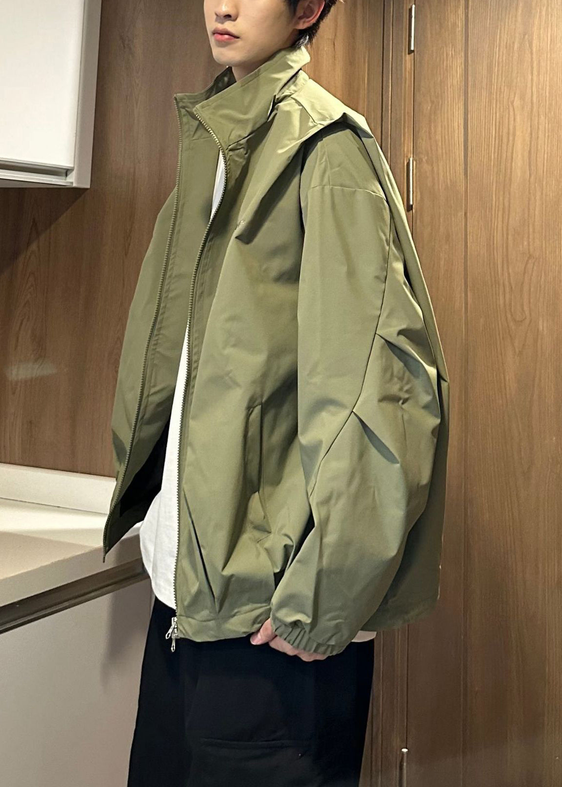 Men Coat Zippered Size Army Cotton Spring Collar Green Stand Plus FashionChic