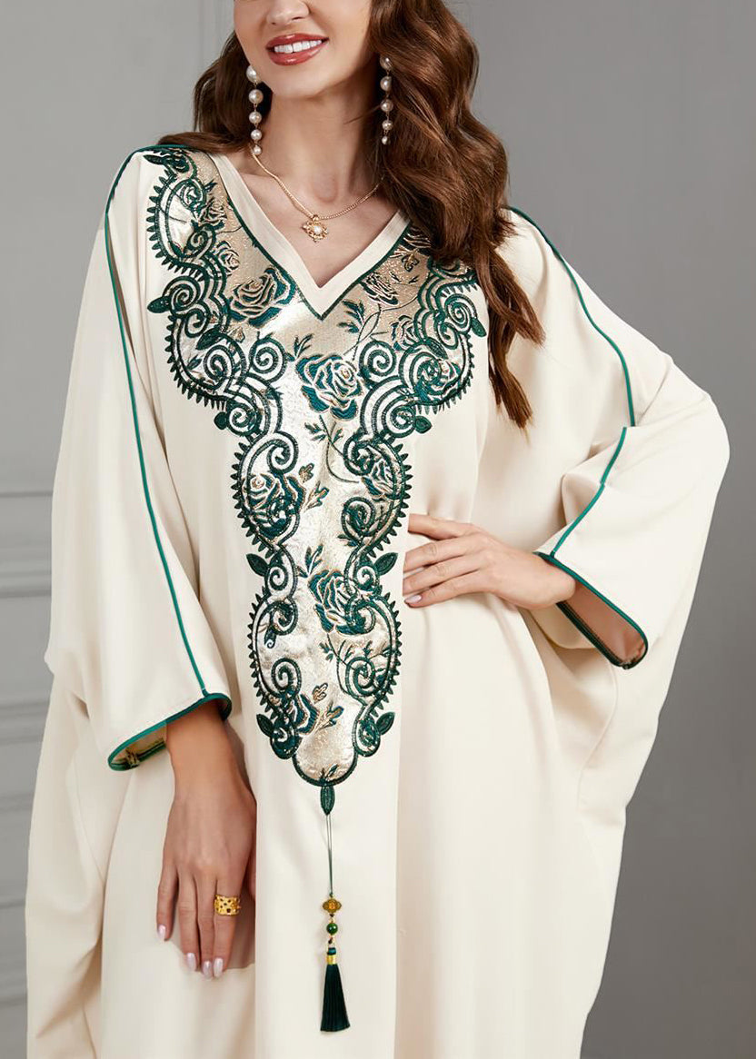 Plus Size Beige Embroidered Tasseled Cotton Dresses Batwing Sleeve AA1018 Ada Fashion