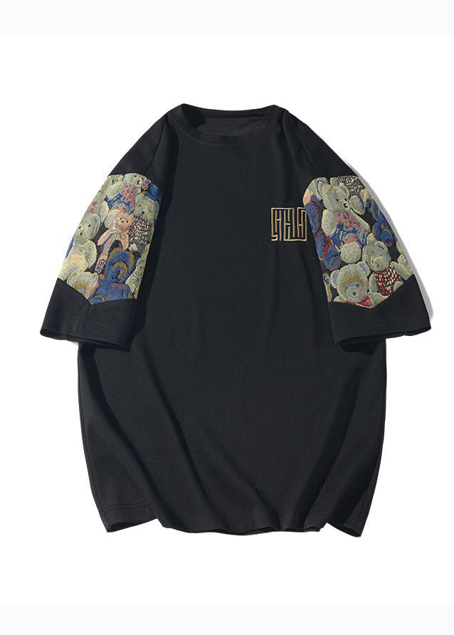Plus Size Black Embroideried Patchwork Cotton Mens Graphic Tees Summer WA012 MENT241110