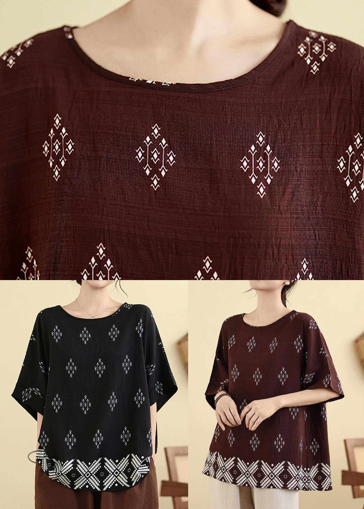 Plus Size O-Neck Loose Black Summer Top FashionChic