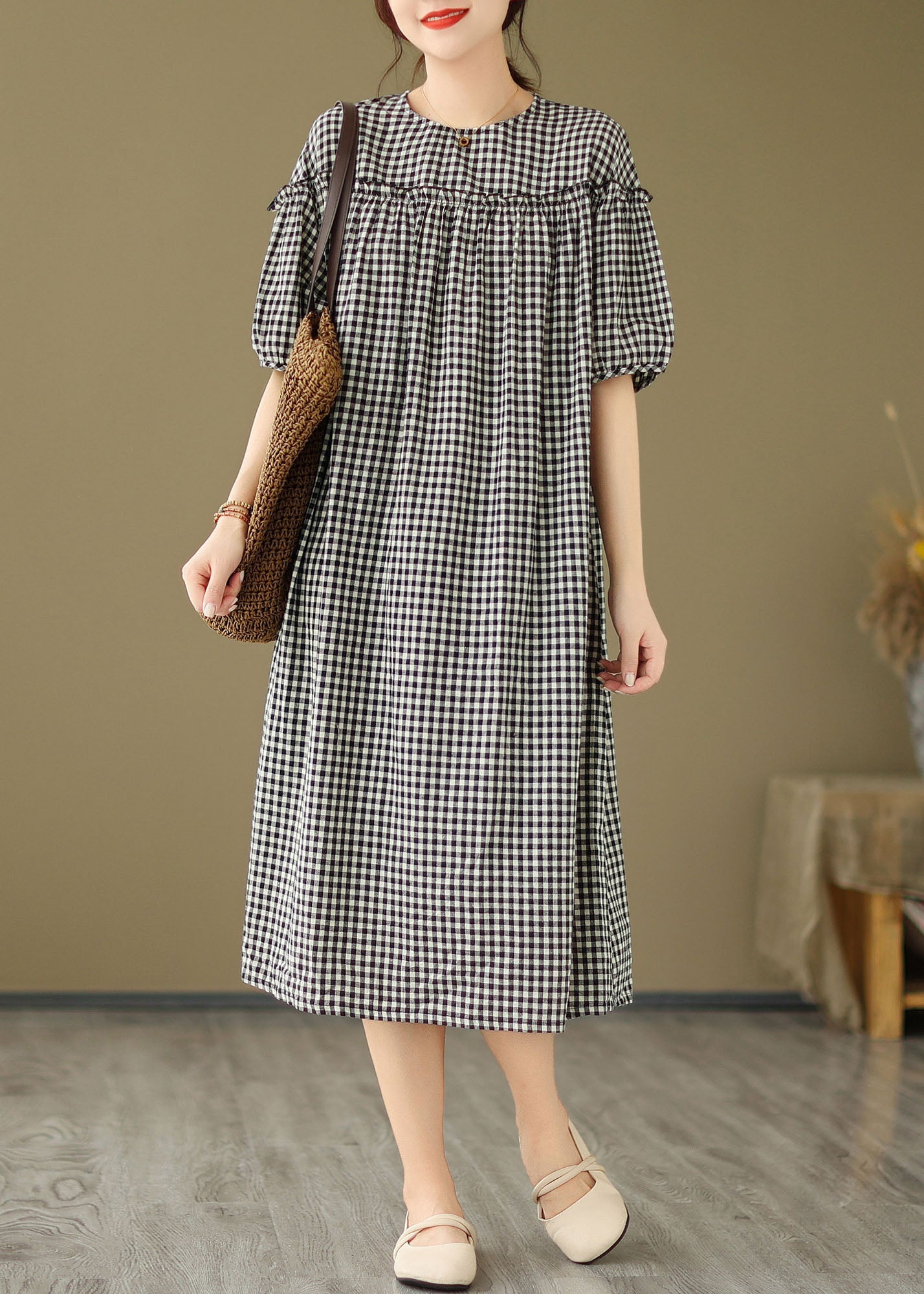 Plus Size Black O Neck Plaid Ruffled Patchwork Cotton Dress Summer FF012 MZF-SDL240607