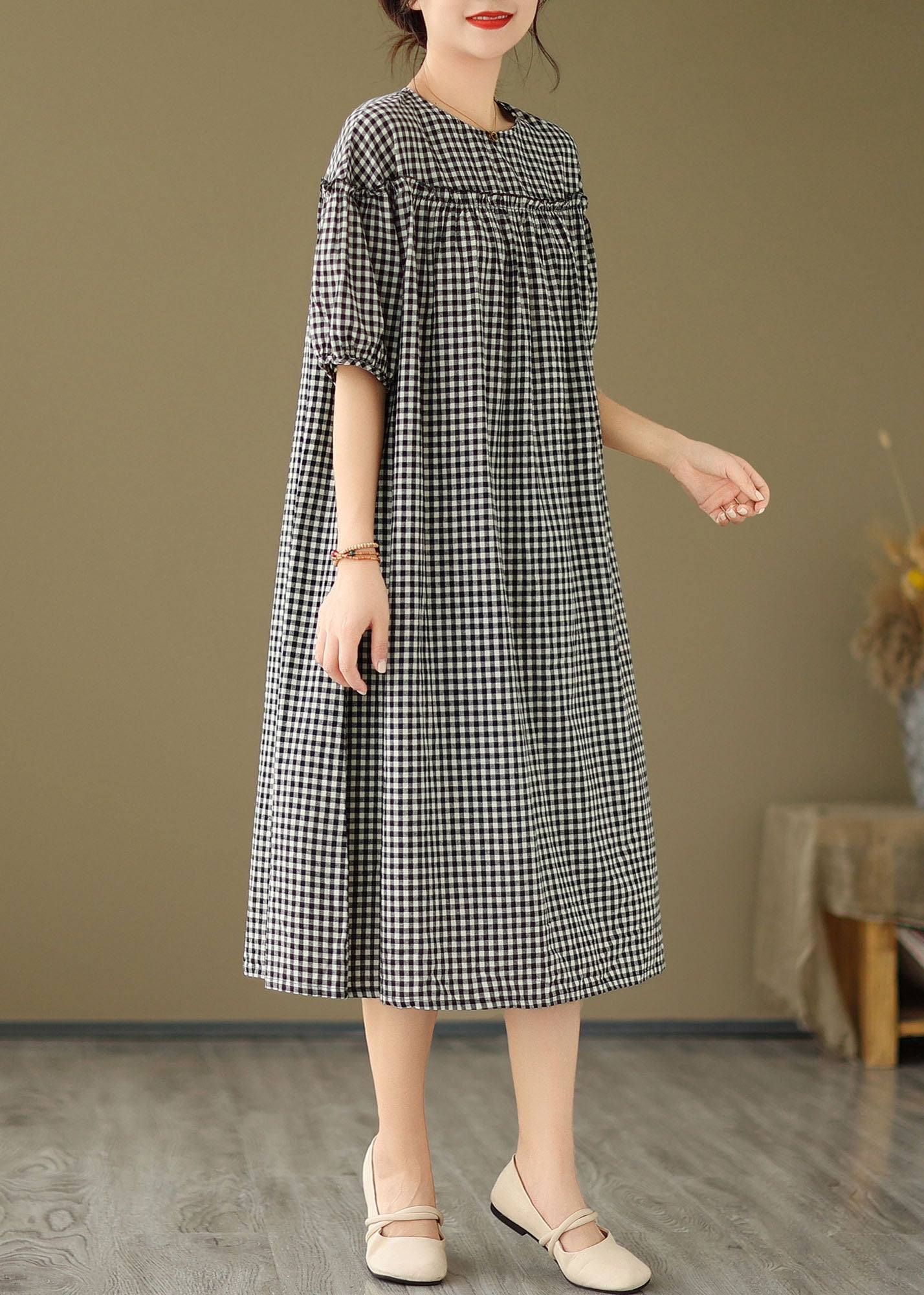Plus Size Black O Neck Plaid Ruffled Patchwork Cotton Dress Summer FF012 MZF-SDL240607